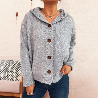 Damen Strickjacke Kapuze Knöpfe Grau Eveloria