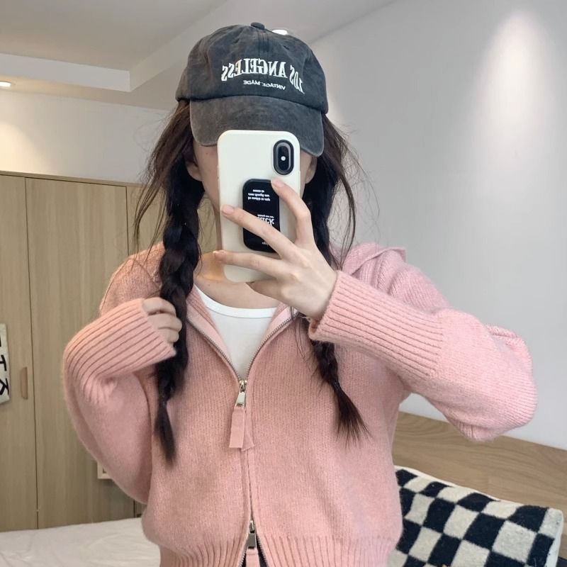 Damen Strickjacke Leicht Hoodie Reißverschluss Grau