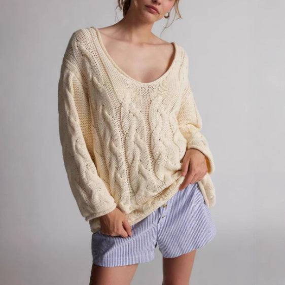 Damen Strickpullover Zopfmuster Weit Ausschnitt Eveloria - Eveloria