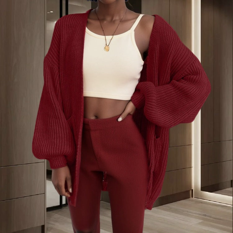 Damen Cardigan Grobstrick Voluminöse Ärmel
