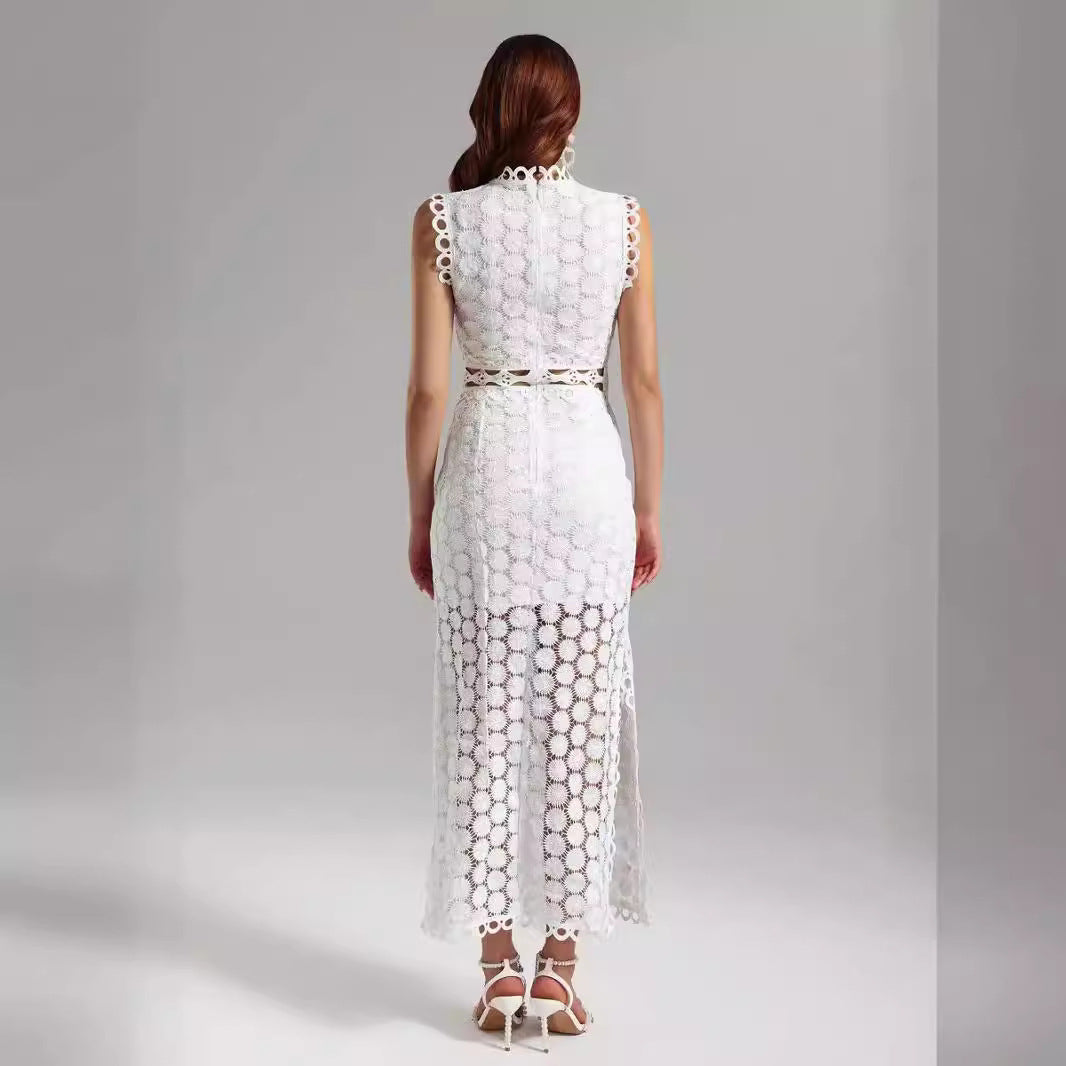 Damen Maxikleid Spitze Transparent Rüschendetails
