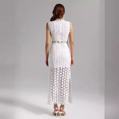Damen Maxikleid Spitze Transparent Rüschendetails