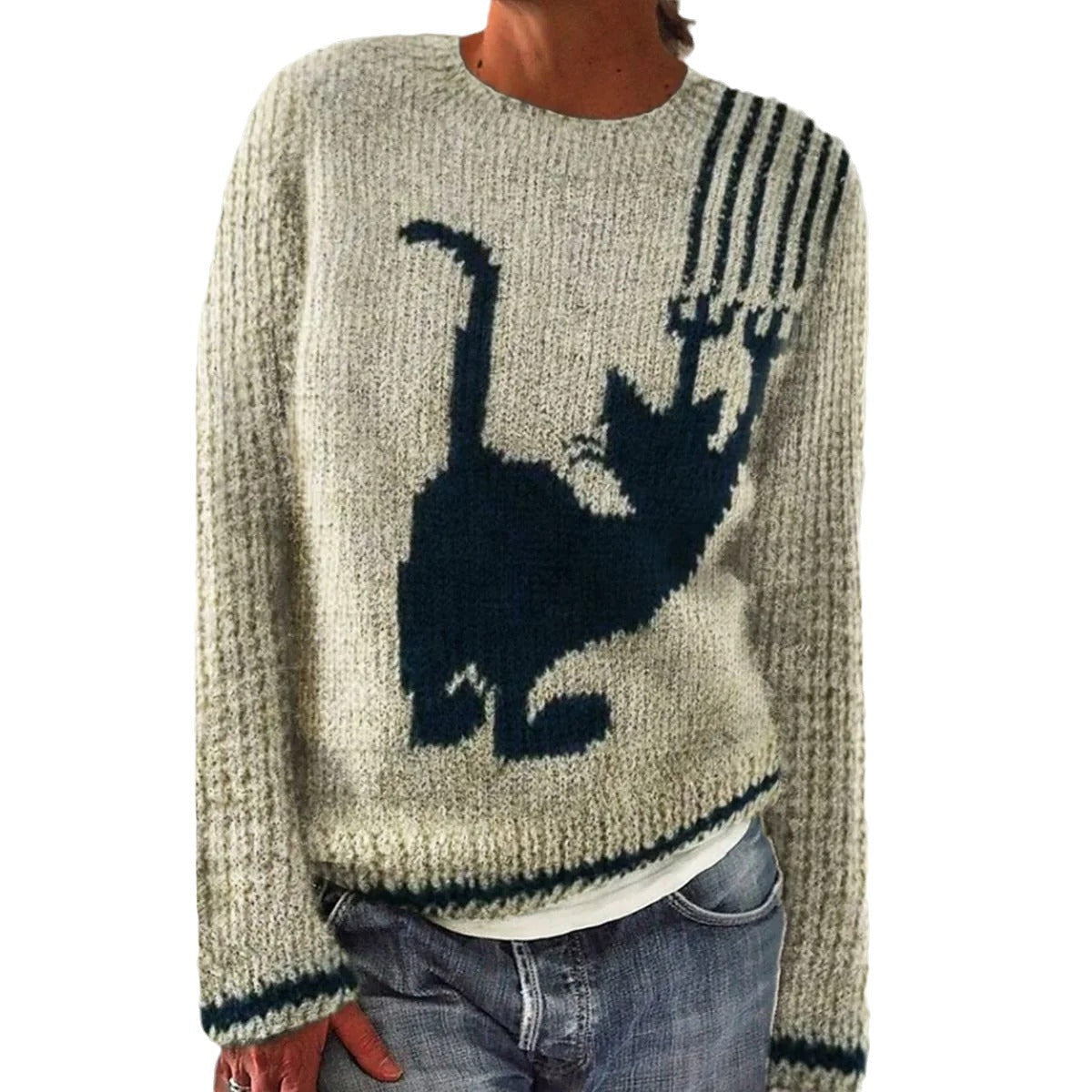 Damen Pullover Fuchs-Motiv Gestreifte Ärmel Kuschelig Grün