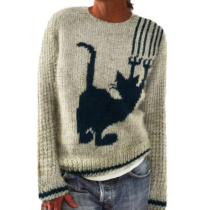 Damen Pullover Fuchs-Motiv Gestreifte Ärmel Kuschelig Grün