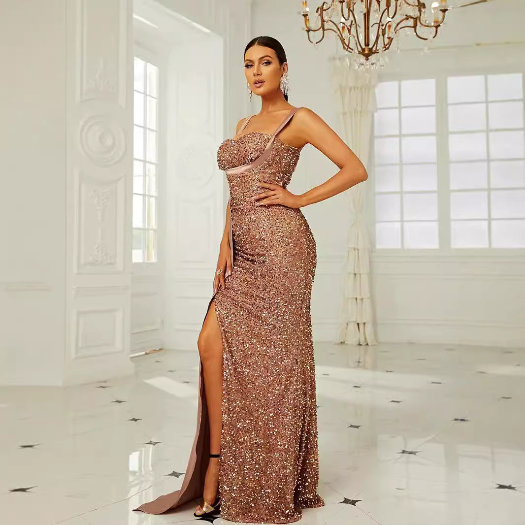 Eveloria Damen Abendkleid tiefes Dekolleté Pailletten