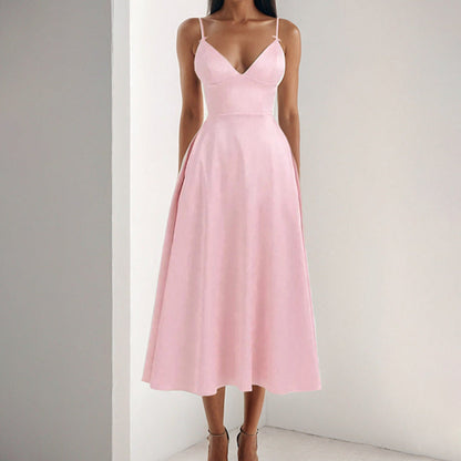 Damen Maxikleid V-Ausschnitt Fließender Rock Sommer