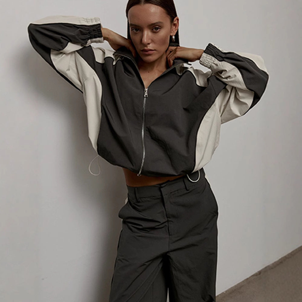 Damen Sportjacke Hochkragen Kontrastärmel