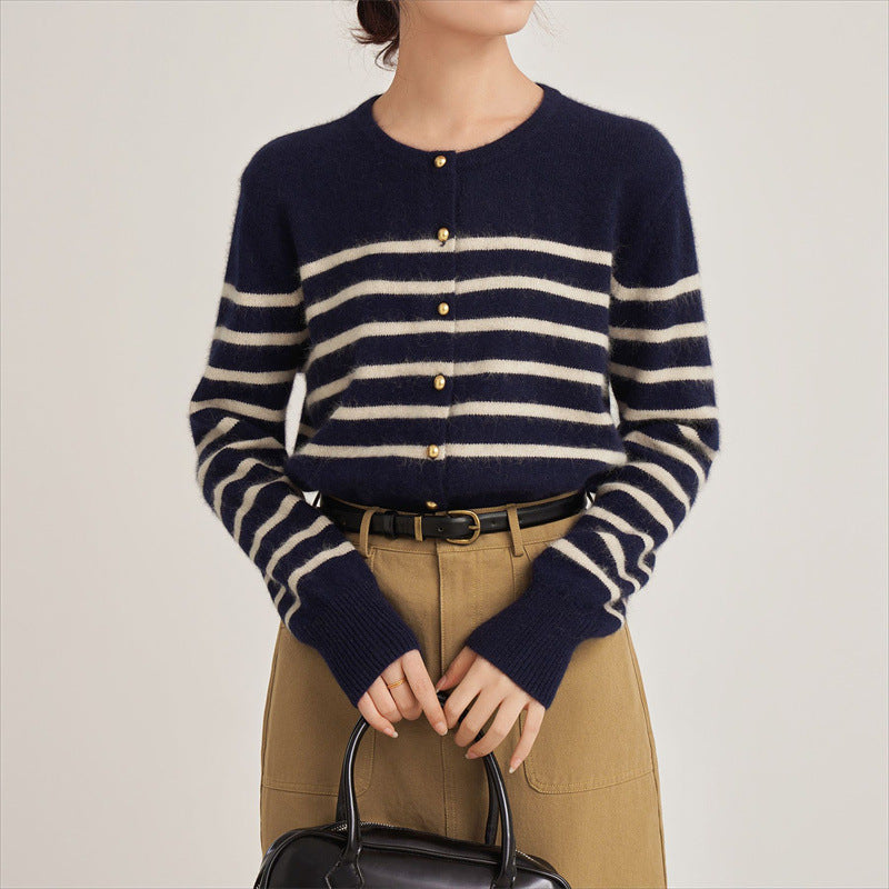 Damen Strickjacke Streifenmuster Dekorative Knöpfe Eveloria