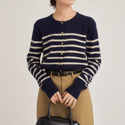 Damen Strickjacke Streifenmuster Dekorative Knöpfe Eveloria