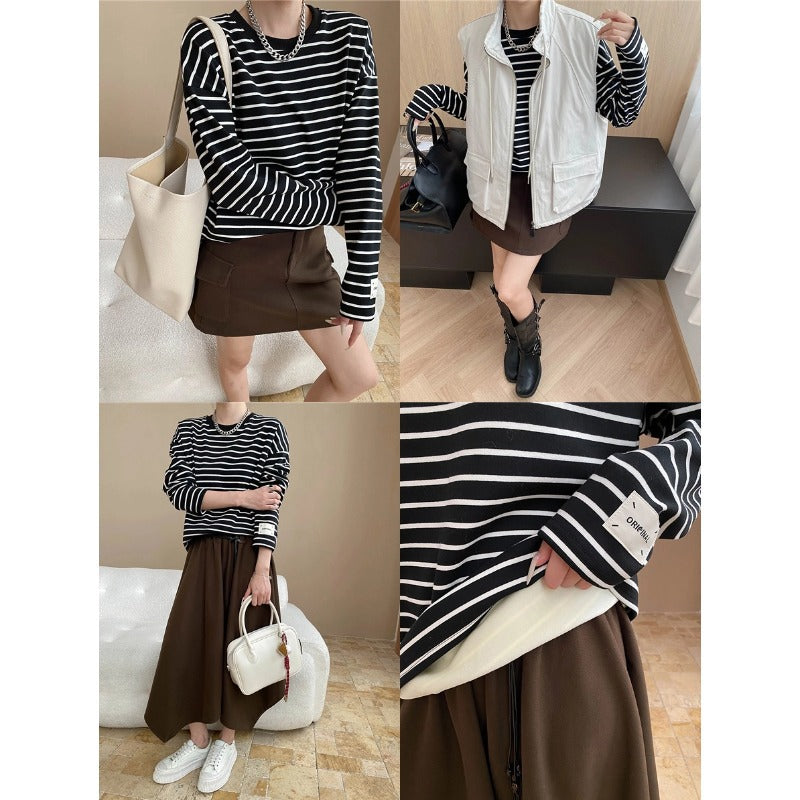Damen Langarmshirt Streifen Weiches Baumwollmix weiß