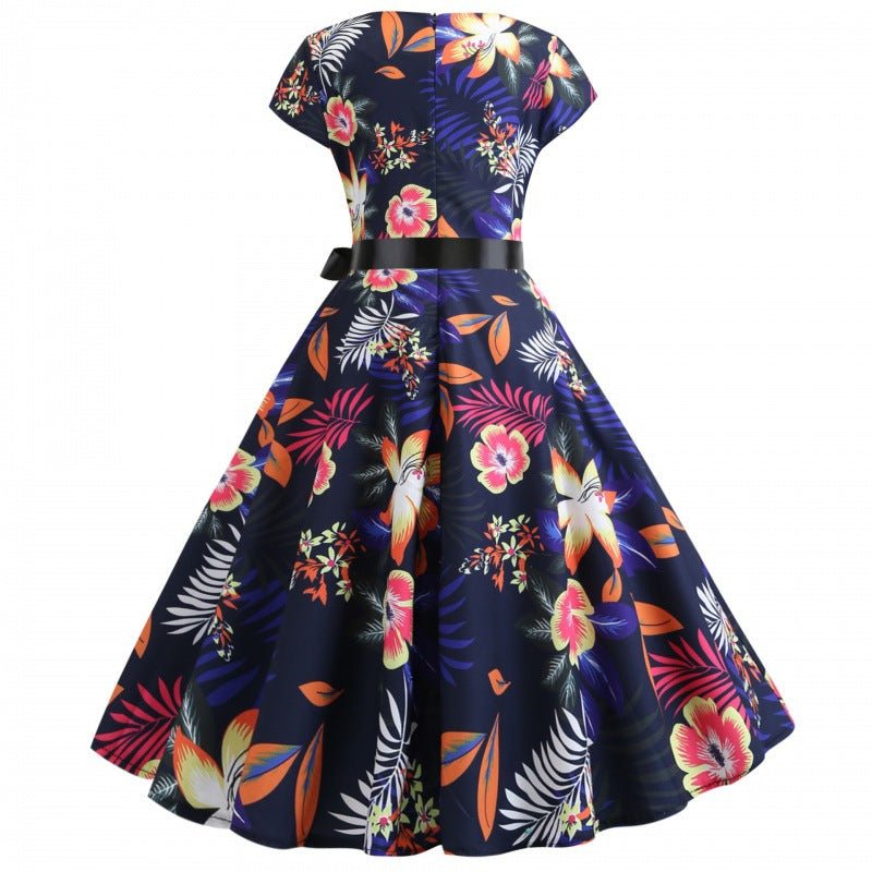 Damen Midi-Kleid Florales Design Schwingender Rock