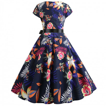 Damen Midi-Kleid Florales Design Schwingender Rock