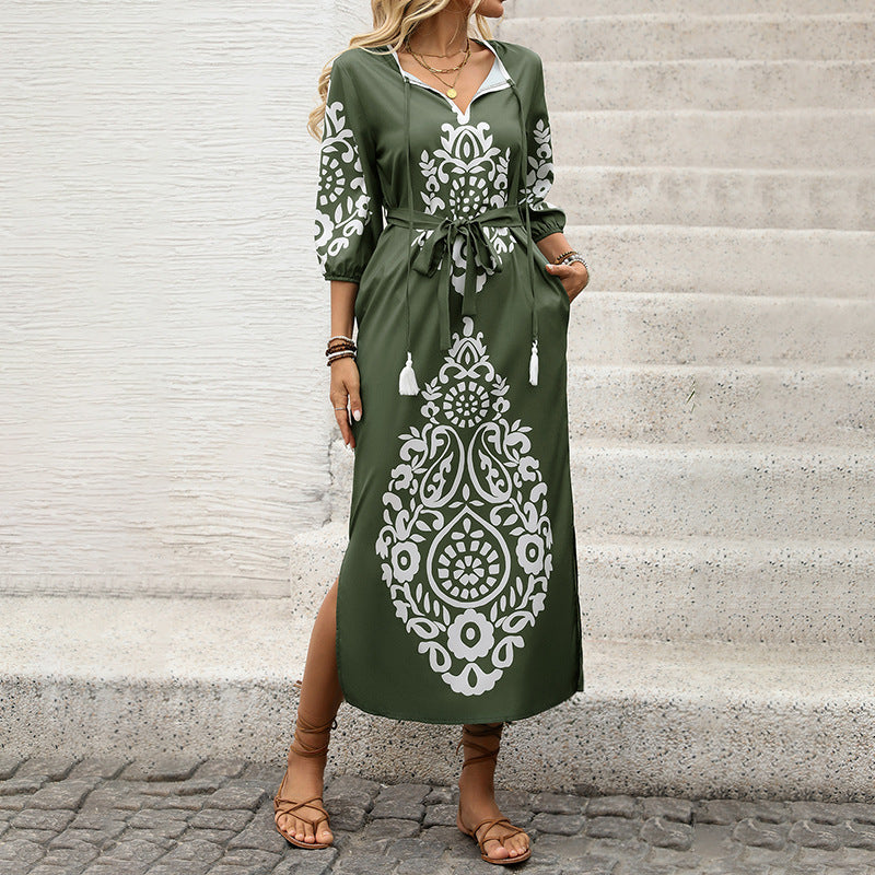 Damen Maxikleid Florales Muster Taillierbarer Gürtel Eveloria