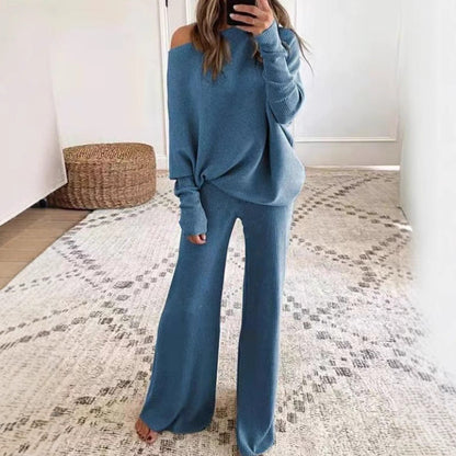 Damen Strick-Loungewear-Set Off-Shoulder Oberteil Weite Passform