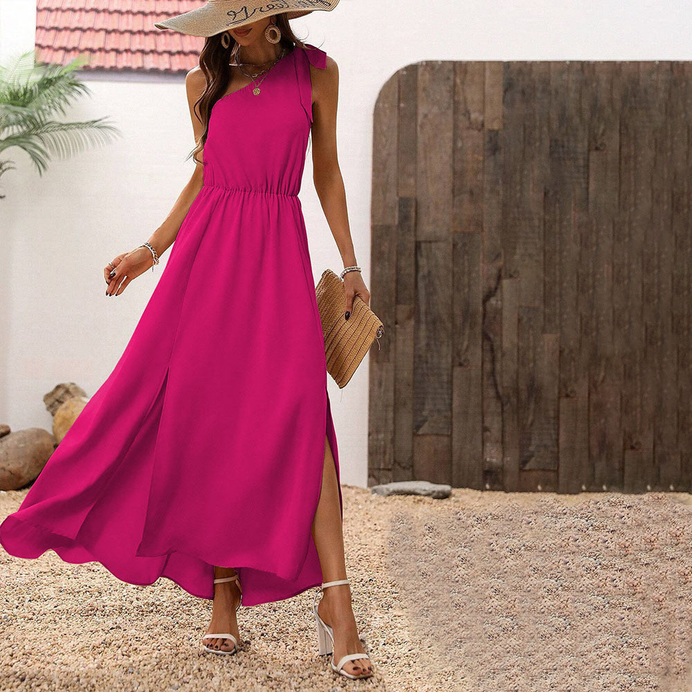 Damen Maxikleid Asymmetrischer Ausschnitt Schlitz