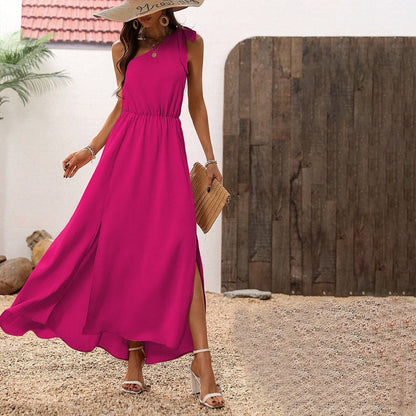Damen Maxikleid Asymmetrischer Ausschnitt Schlitz