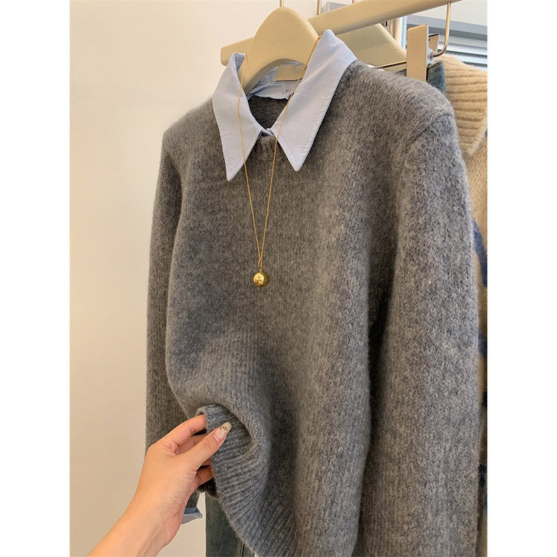 Damen Strickpullover Hemdkragen Moderner Schnitt