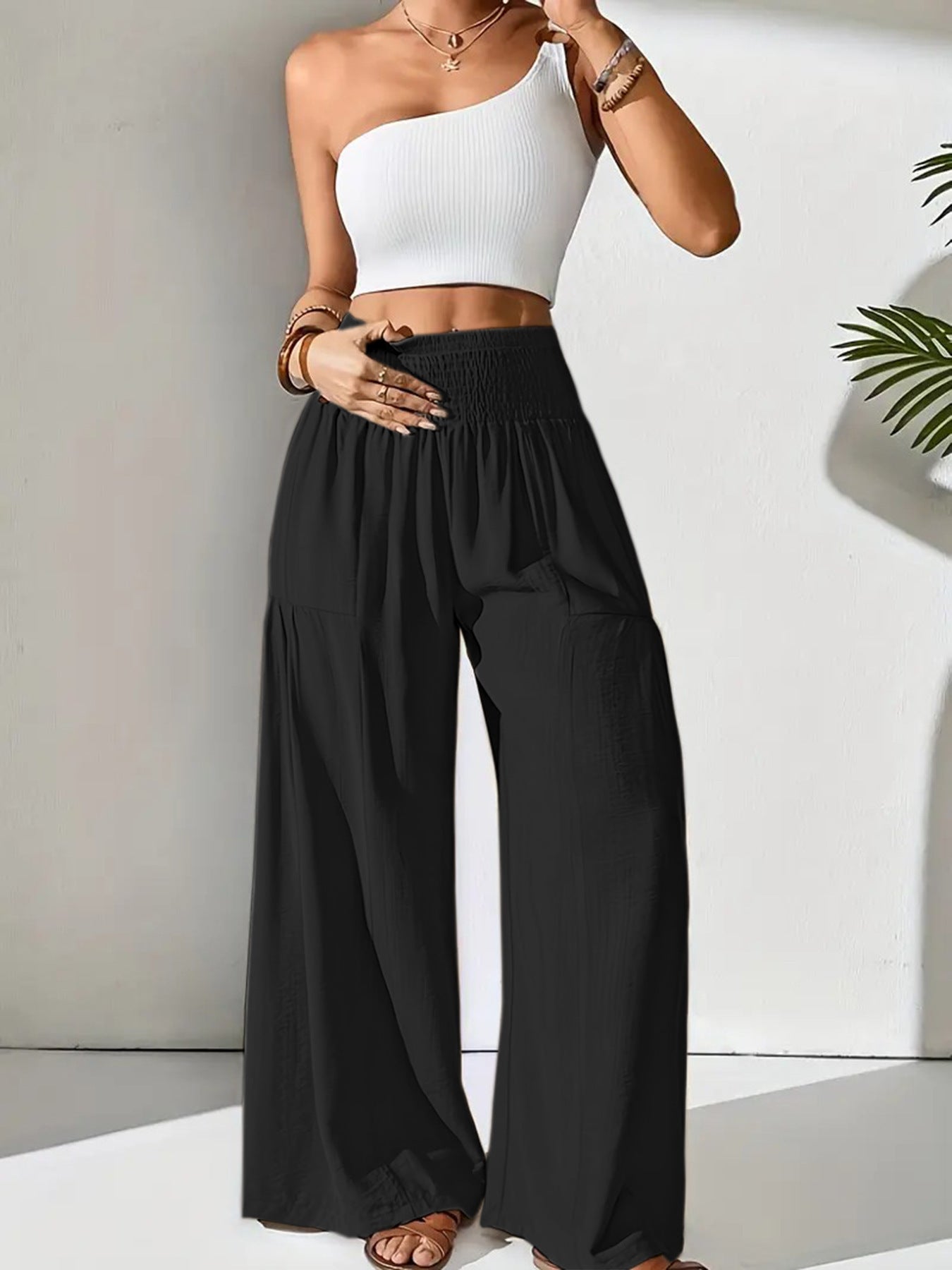 Damen Sommerhose Elastisch Weit mit Seitentaschen Beige
