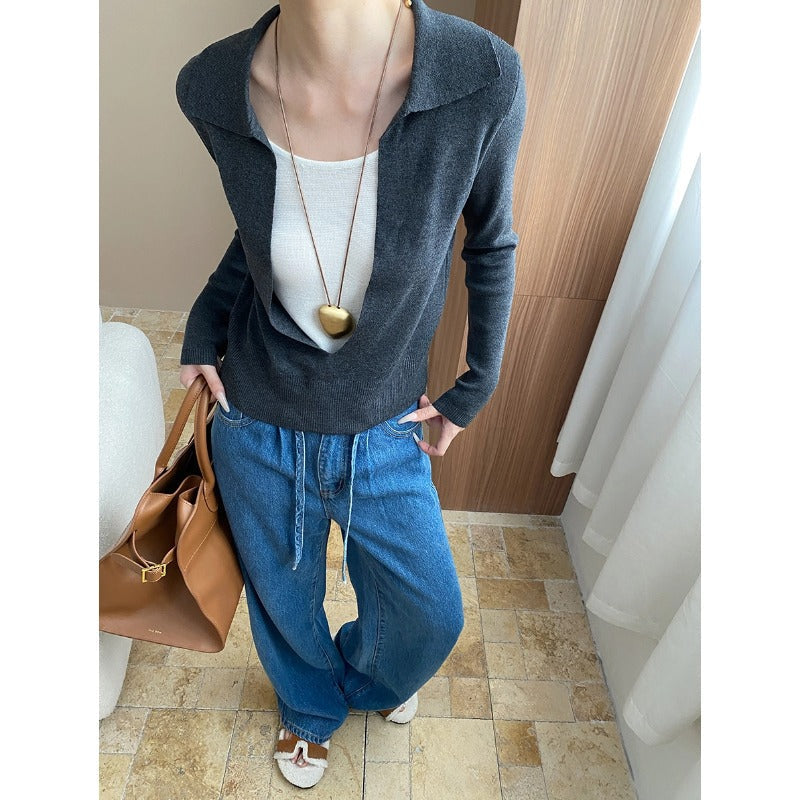 Damen Pullover Elegantes Design Tiefes Dekolleté Feine Stickerei
