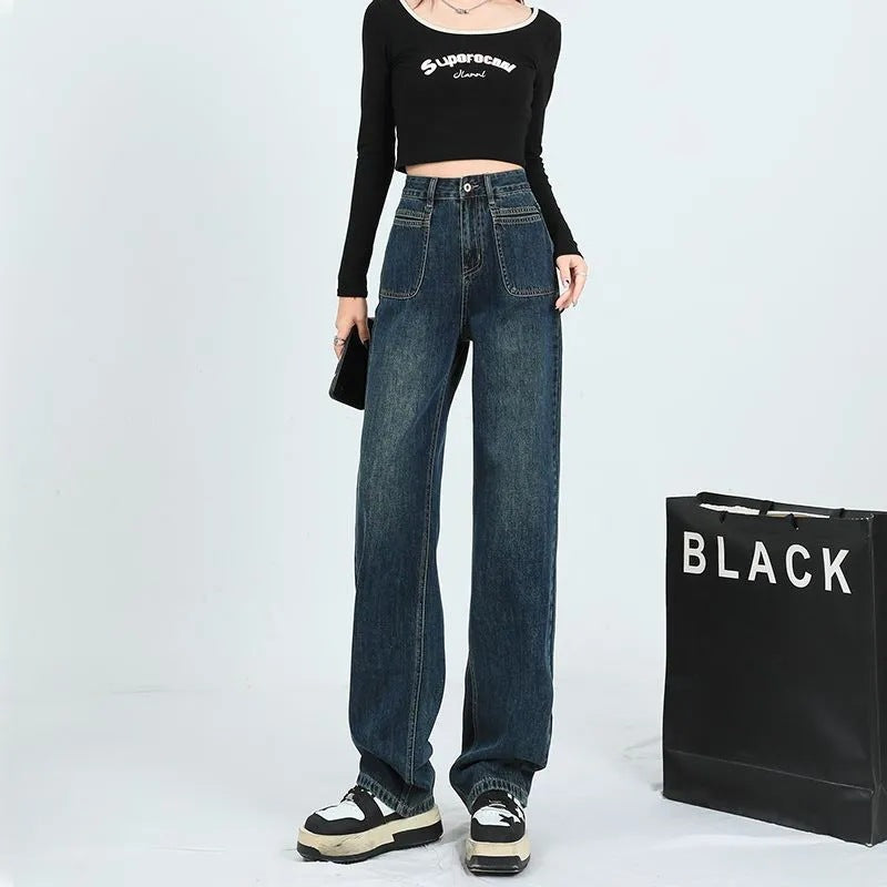 Damen Weite Denim-Hose Hohe Taschen Eveloria