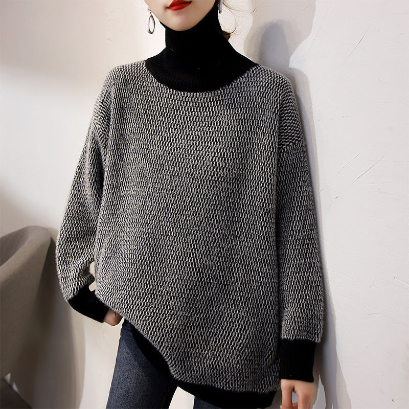 Damen Grobstrickpullover Hochkragen Modernes Muster Eveloria