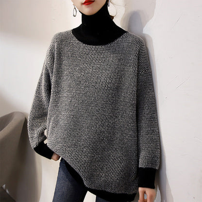 Damen Grobstrickpullover Hochkragen Modernes Muster Eveloria