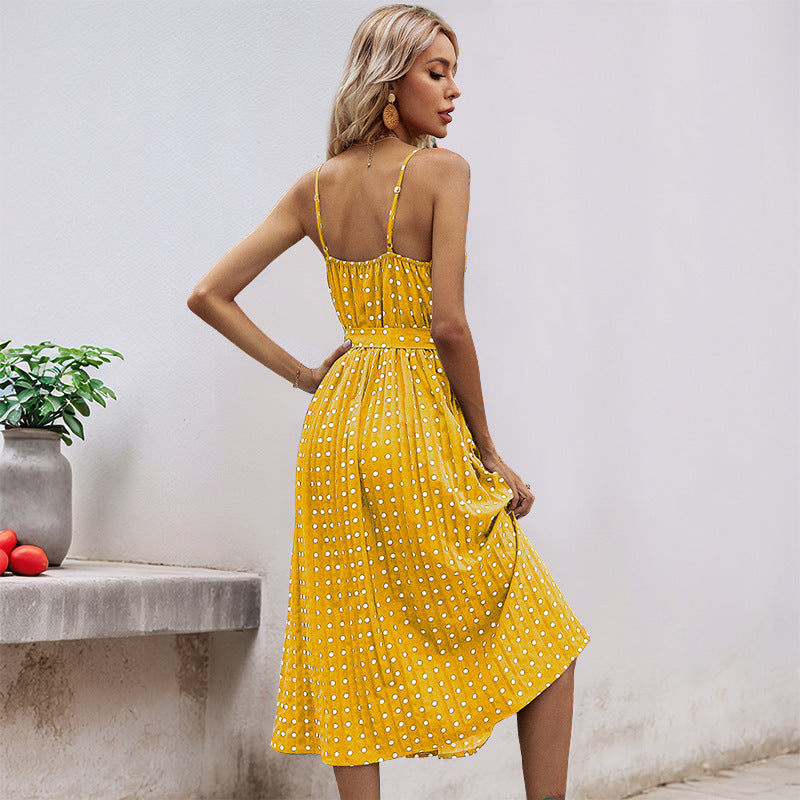 Damen Midikleid Taillengürtel Polka Dot Muster