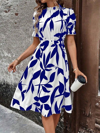 Damen Midi-Kleid Pflanzenmuster Gummizug Eveloria