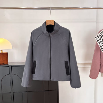 Damen Fleecejacke Hochkragen Eingrifftaschen Kuschelig