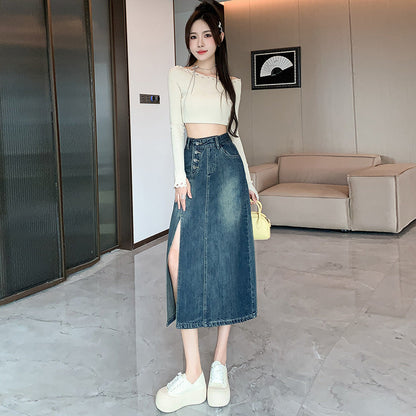 Damen Denim-Rock Lang Frontschlitz