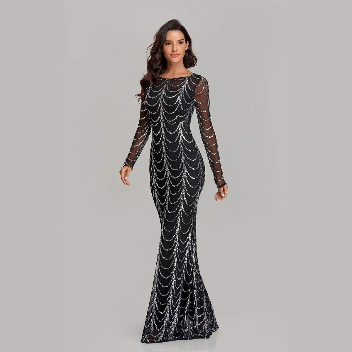 Damen Abendkleid Figurbetont Pailletten Ärmel Durchsichtig