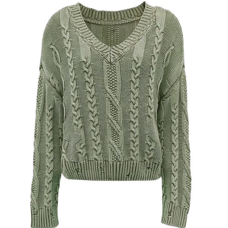 Damen Grobstrickpullover V-Ausschnitt Zopfmuster Eveloria