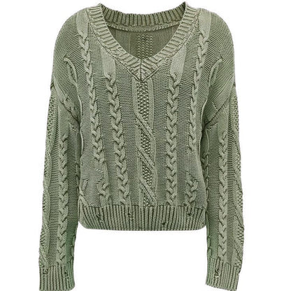 Damen Grobstrickpullover V-Ausschnitt Zopfmuster Eveloria