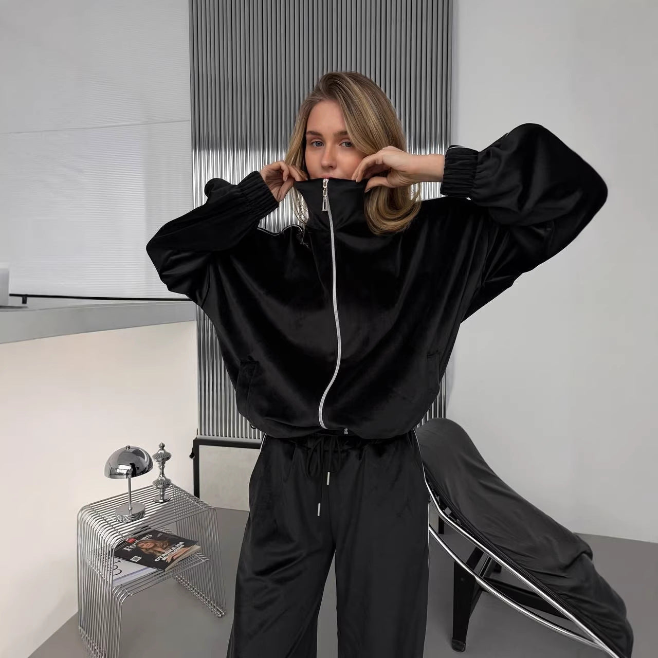 Damen Sportanzug-Set Samt Lässiger Schnitt Schwarz Eveloria - Eveloria