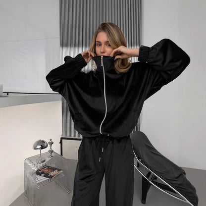 Damen Sportanzug-Set Samt Lässiger Schnitt Schwarz Eveloria - Eveloria