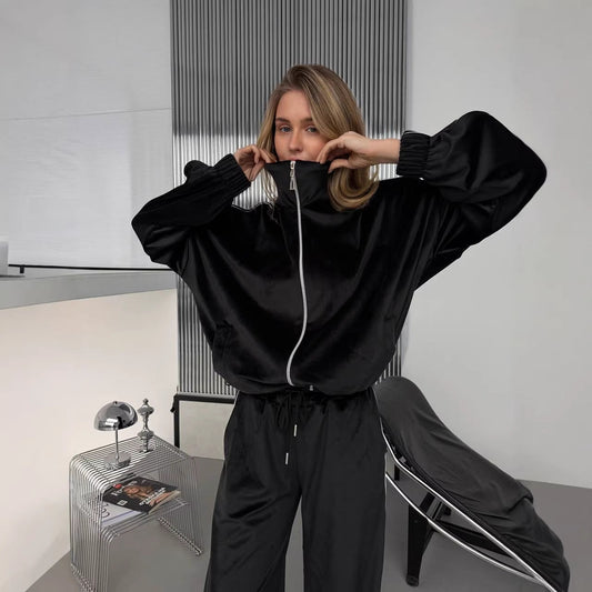 Damen Sportanzug-Set Samt Lässiger Schnitt Schwarz Eveloria - Eveloria