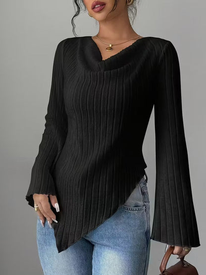 Damen Oberteil Langärmlig Asymmetrisch Rippdesign Eveloria