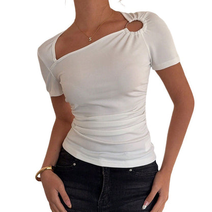 Damen Kurzarmshirt Asymmetrischer Ausschnitt Raffung