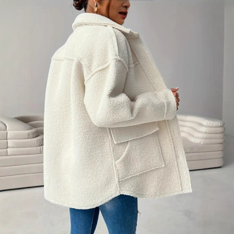 Damen Teddy Mantel Weiß Oversized mit Knöpfen und Taschen