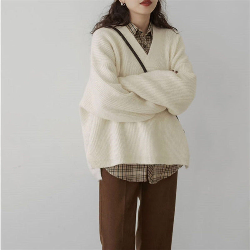 Damen Oversize Pullover V-Ausschnitt Kuschelfleece Beige