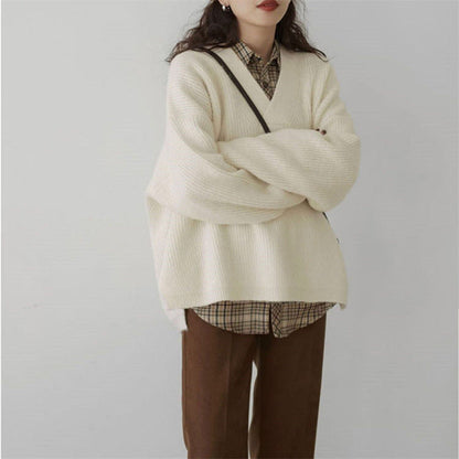 Damen Oversize Pullover V-Ausschnitt Kuschelfleece Beige