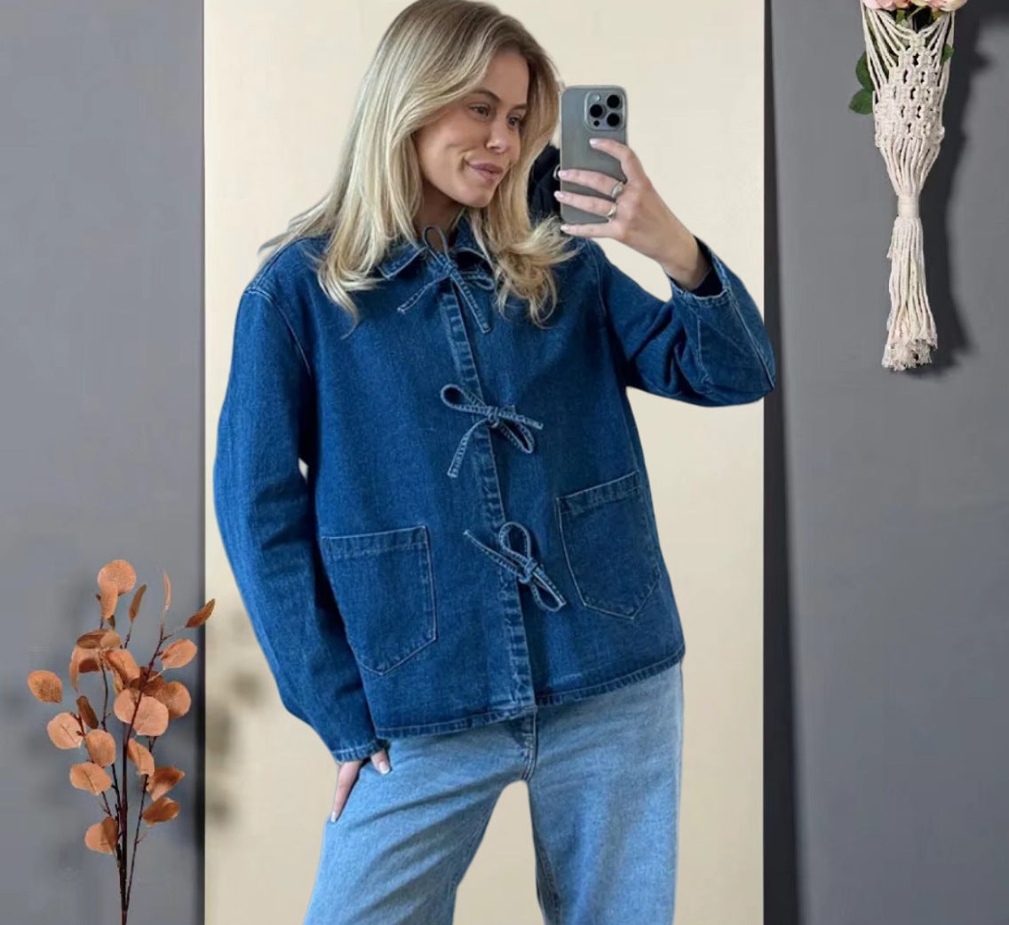 Damen Jeansjacke Dekorativen Schleifen Praktische Taschen Blau