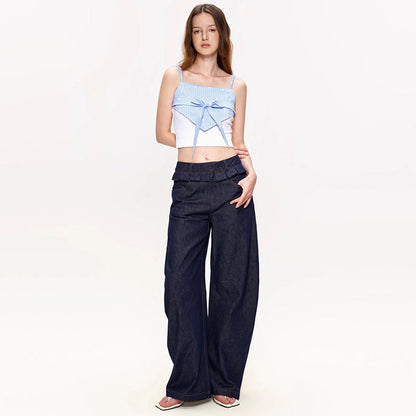Damen Weite Denim-Hose Hochgeschnitten Mit Falten Blau Eveloria