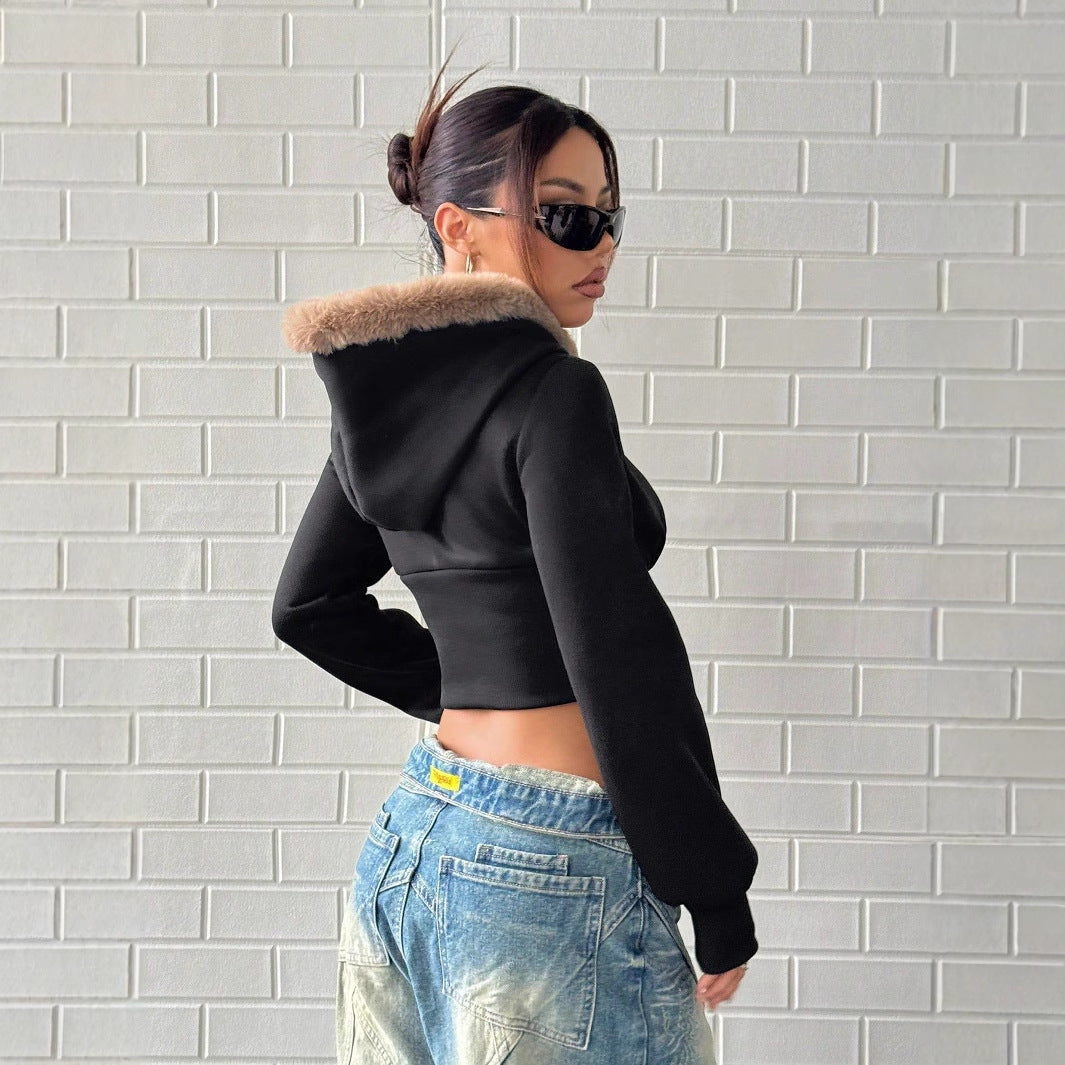 Damen Cropped Hoodie Fellbesatz Eveloria