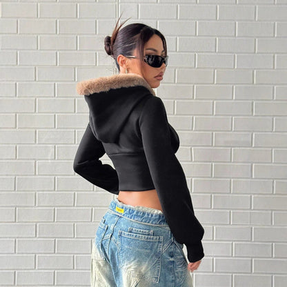 Damen Cropped Hoodie Fellbesatz Eveloria