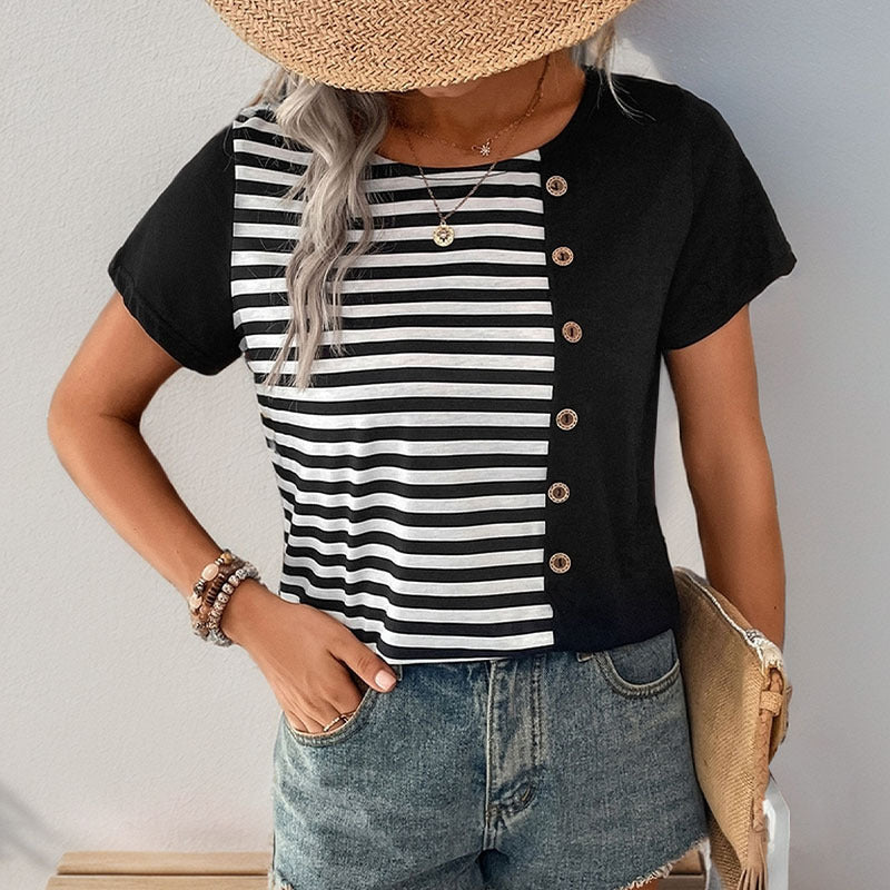 Damen T-Shirt Streifen Knopfdetails Weiß/Schwarz - Eveloria