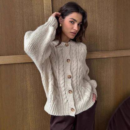 Damen Grobstrickjacke Voluminöse Ärmel Große Knöpfe Eveloria