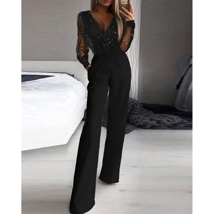 Damen Jumpsuit Transparente Bluse Schimmernde Akzente Eveloria