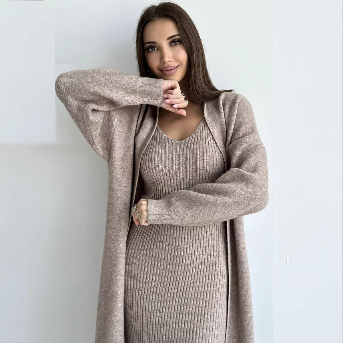 Damen Strickkleid V-Ausschnitt Länges Schnitt