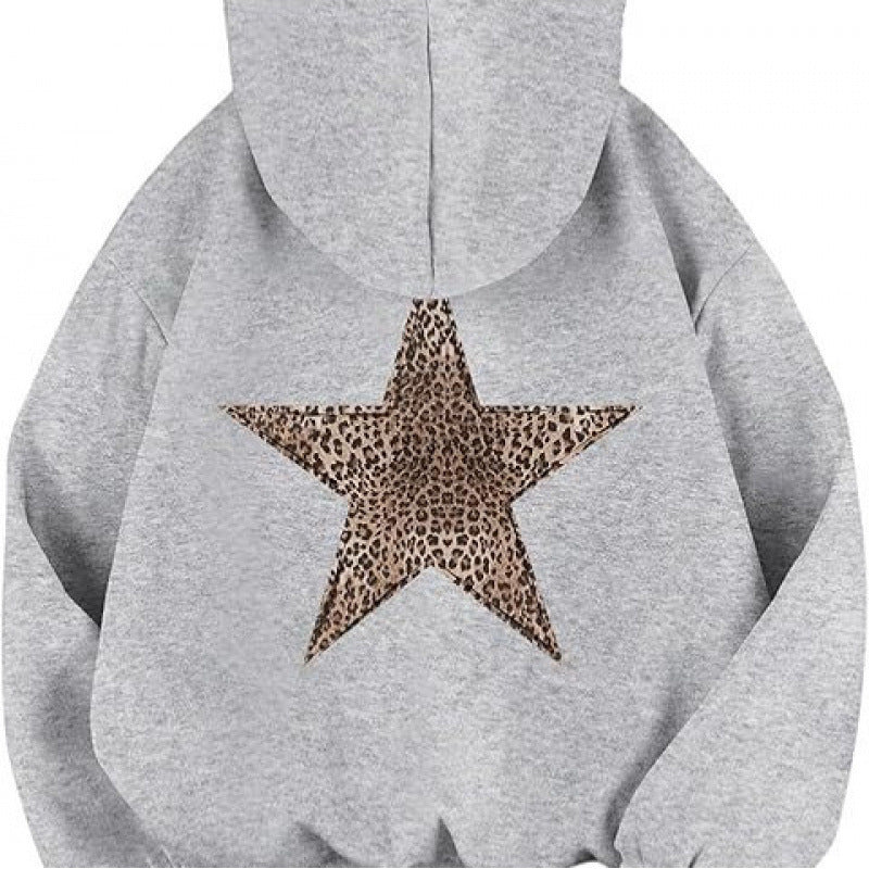 Damen Kapuzensweater Leopardstern-Design Baumwolle Entspannt